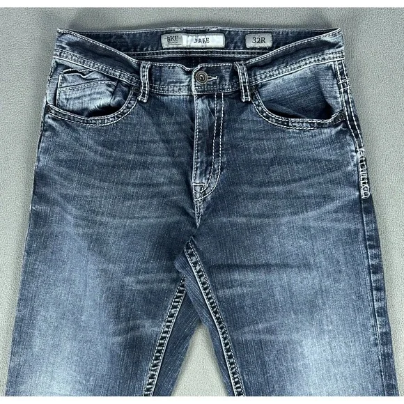 BKE Jeans Mens 32x31 Blue Jake Straight Whiskered Distressed Thick Stitch Denim - Picture 4 of 11